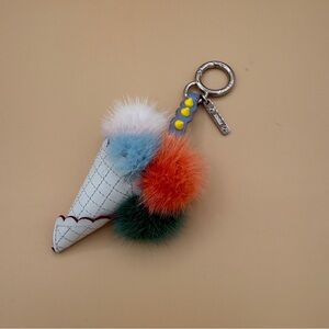 Fendi Ice Cream Cone Leather & Mink Fur Multicolor Bag Charm Keychain Italy
